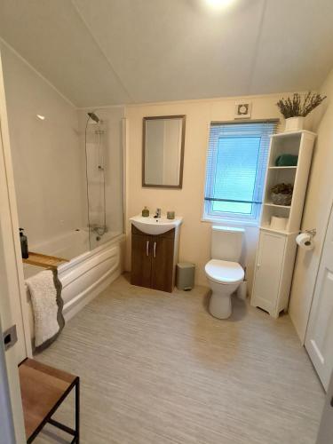 a bathroom with a toilet and a sink and a shower at 10 lochview in Moffat