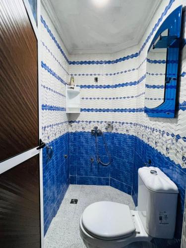 a bathroom with a toilet and blue and white tiles at spacious ground floor apartment in Taroudant