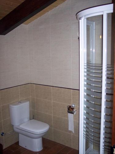 a bathroom with a white toilet in a room at Casa rural EL BOMBO in Tomelloso