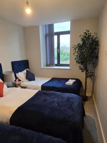 a hotel room with three beds and a window at Cosy family apartment in Bradford