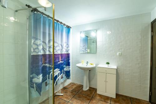 a bathroom with a sink and a shower at Casa Miradouro do Pesqueiro in Feteira Grande