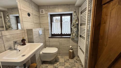 a bathroom with a sink and a toilet and a window at Chaloupka za mostem Plavy - Jizerské hory in Plavy