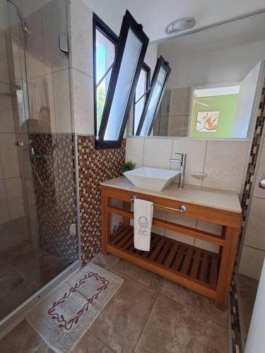 a bathroom with a sink and a shower with a mirror at Le Vrero Boutique Hotel in Colonia del Sacramento