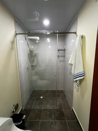 a shower with a glass door in a bathroom at Villa Celeste in Macanal