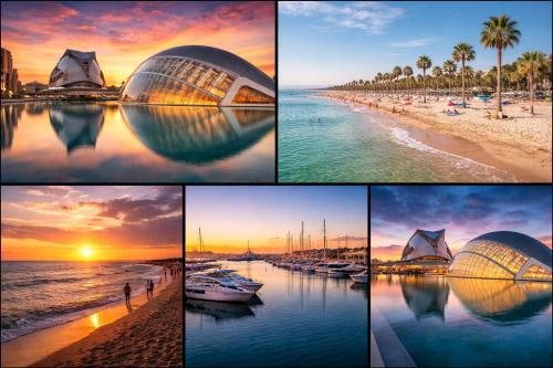 a collage of photos of a beach and a building at Bigbass Valencia Centro in Valencia