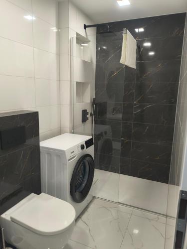 a bathroom with a toilet and a shower at Aura Apartamenty 3 in Brzeg