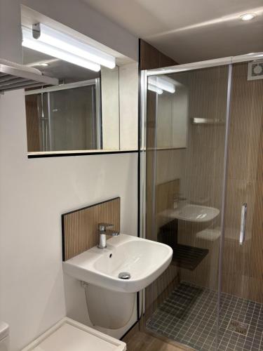 a white bathroom with a sink and a shower at Stable Lodge in Killarney