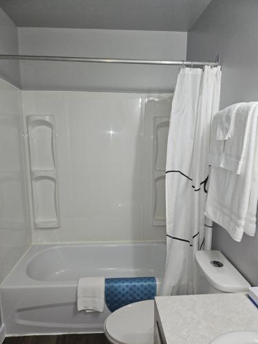 a bathroom with a tub and a toilet and a sink at Moosomin Country Squire Inn in Moosomin