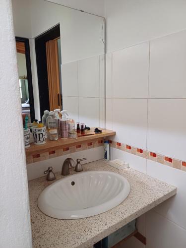 a bathroom with a white sink and a mirror at Las Guardia in Cortaderas