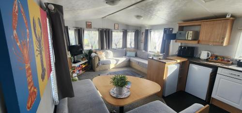 a small kitchen and living room in a caravan at The island escape isle of wight in Porchfield