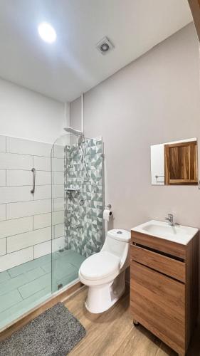 a bathroom with a toilet and a shower and a sink at GZ Suites in Coco