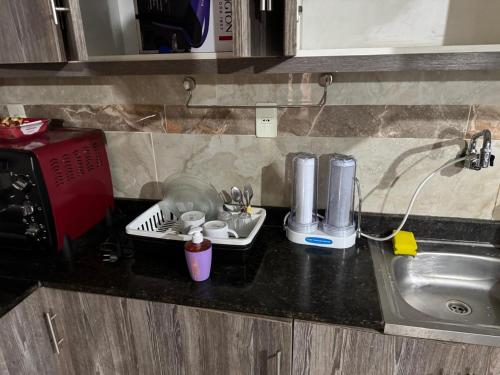 a kitchen counter with a sink and some appliances at Complejo Residencial Las Lomitas in San Lorenzo de la Frontera