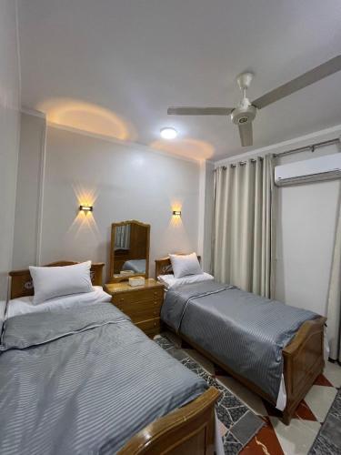 a bedroom with two beds and a mirror at Dahabiya Apartment in Luxor