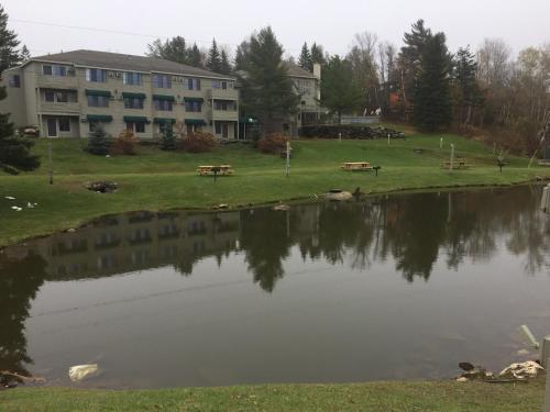 a view of a pond in front of a building at North Star Lodge & Resort in Killington