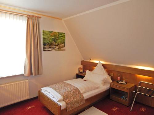 a hotel room with a bed and a window at Hotel Kaiserquelle in Salzgitter