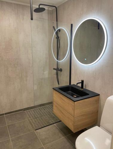 a bathroom with a sink and a shower with a mirror at Gardermoen Airport, 5Min in Sand