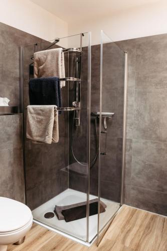 a shower with a glass door in a bathroom at HOME AM SEE Ferienwohnung in Möhnesee