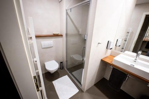 a bathroom with a shower and a toilet and a sink at Hotel Opava - free parking in Opava