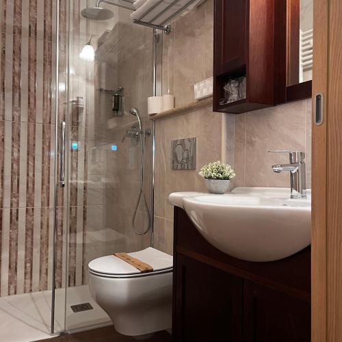 a bathroom with a toilet and a sink and a shower at Hotel Grahor Depandance in Sežana