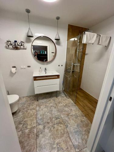 a bathroom with a shower and a sink and a mirror at Nieznany Bór 8 in Hajnówka