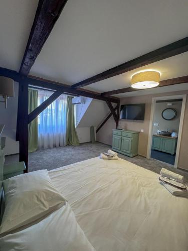 a bedroom with a large bed in a attic at Pensiunea 7 Tei in Cisnădioara