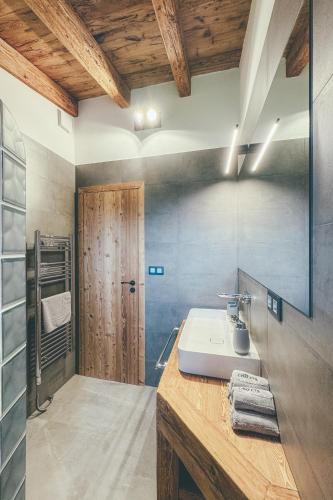a bathroom with a sink and a wooden wall at Chalets Resort in Cínovec