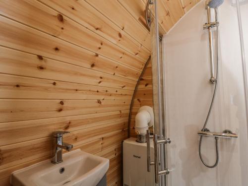 a bathroom with a toilet and a sink at Oak View in Rhayader