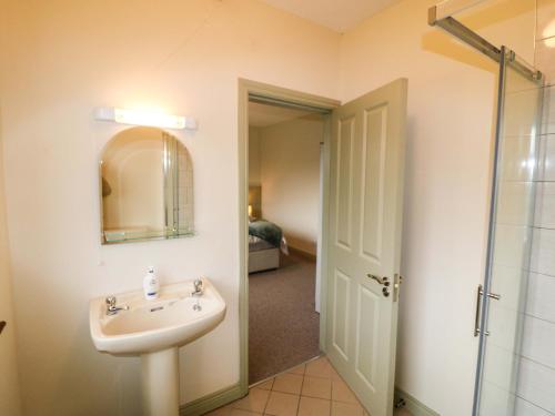 a bathroom with a sink and a mirror and a shower at Shamrock House in Killorglin