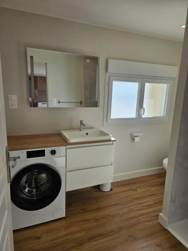 a bathroom with a washing machine and a sink at Gîte La Gloriette proche Futuroscope in Neuville-du-Poitou