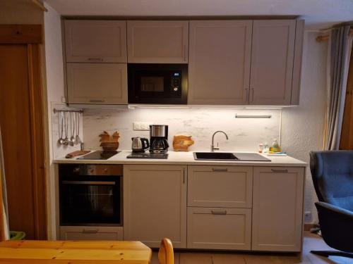 kuchnia ze zlewem i kuchenką górny piekarnik w obiekcie Apartment Husky w mieście Saint-Gervais-les-Bains