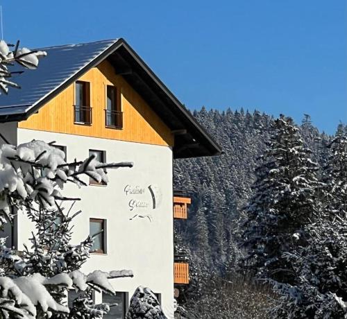 a building covered in snow with trees in the background at Boutique Hotel & Apartments Pension Sternen in Todtmoos
