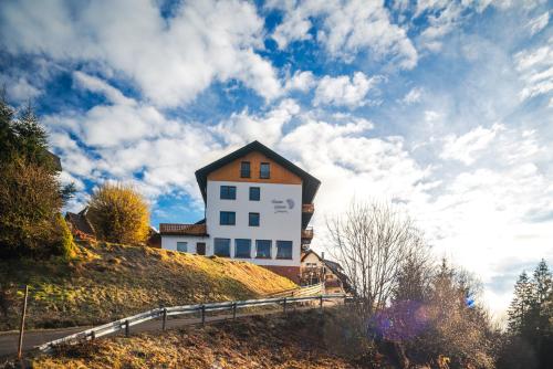 a large white building on a hill with a sky at Boutique Hotel & Apartments Pension Sternen in Todtmoos
