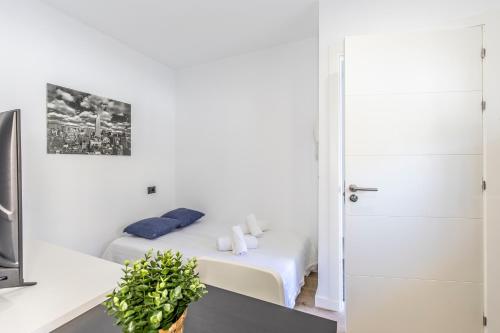 a white bedroom with a bed with blue pillows at Charming Street Studio in Tegueste in Santa Cruz de Tenerife