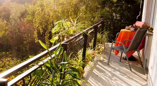 a balcony with a table and a chair and plants at Apartman Šestine in Zagreb