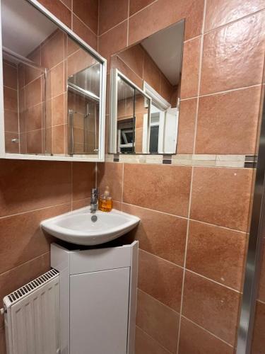 a bathroom with a sink and a mirror at Private Studio by Wembley in Preston