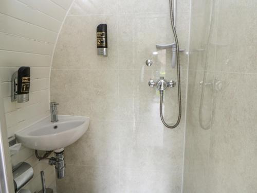 a bathroom with a shower and a sink at Glamping Pod 5 - Gower in Swansea