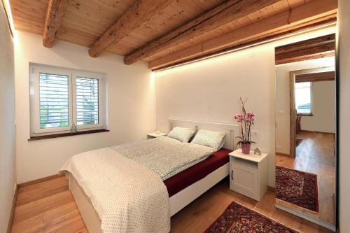 a bedroom with a bed and two windows at Kellerstöckl Pachler in Bad Gleichenberg