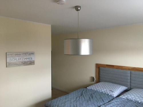 a bedroom with a bed and a light fixture at Lakehouse in Brodowin in Chorin