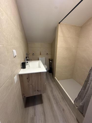 a bathroom with a white sink and a shower at Cantinho dos Sonhos in Santa Cruz