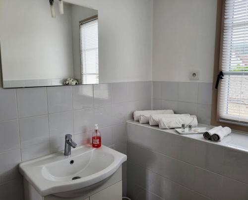 a white bathroom with a sink and a mirror at L'Etalon, maison dans corps de ferme in Chailly-sur-Armançon