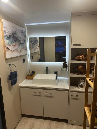 a bathroom with a sink and a large mirror at Luxury Capsule Haus Phuket in Panwa Beach