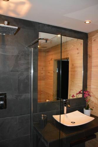 a bathroom with a sink and a glass shower at Boutique Alpine Chalet with Panoramic Views in Thollon