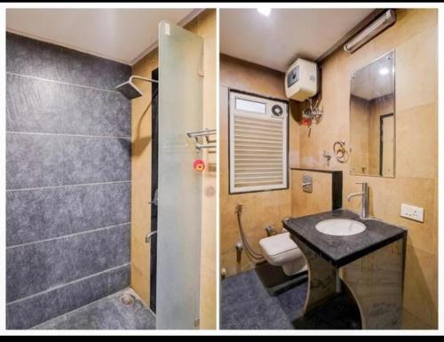 two pictures of a bathroom with a sink and a shower at Hotel MNG The Platinum in Kānpur