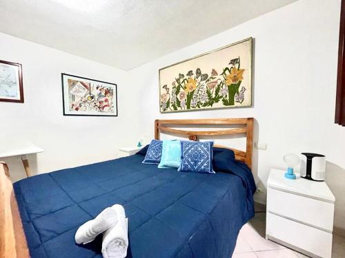 a bedroom with a blue bed with blue pillows at Home Nicola Jago in Castiadas