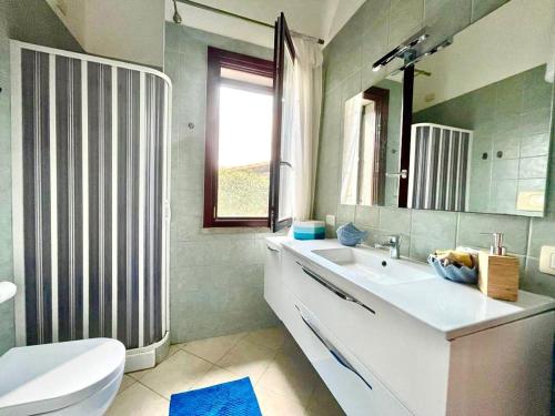 a bathroom with a sink and a toilet and a mirror at Home Nicola Jago in Castiadas