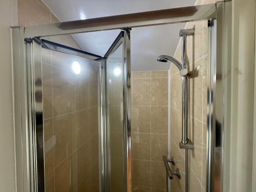a shower with a glass door in a bathroom at Dartmoor Shepherds Hut at The Shrubbery, River Walkham, Horrabridge, Yelverton in Tavistock