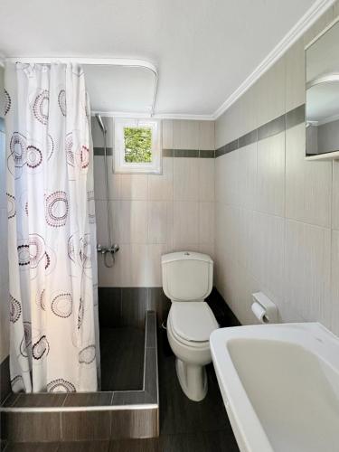 a bathroom with a toilet and a tub and a sink at Rona Vista Suites amazing seaview 3 in Polychrono