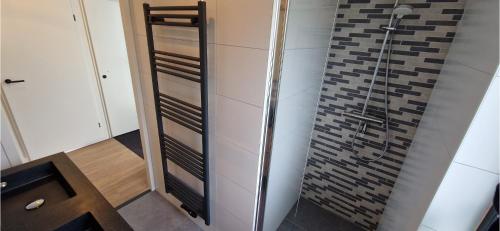 a bathroom with a shower with a glass door at Lakeview 'Rotorua' 4-6 pers by Kawatea Cottages in Ewijk