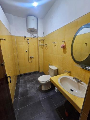 a bathroom with a toilet and a sink and a mirror at Queens Residence Homestay in Kandy