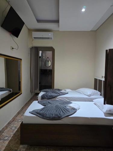 two twin beds in a room with a tv at Hotel Santos Inn in Santos